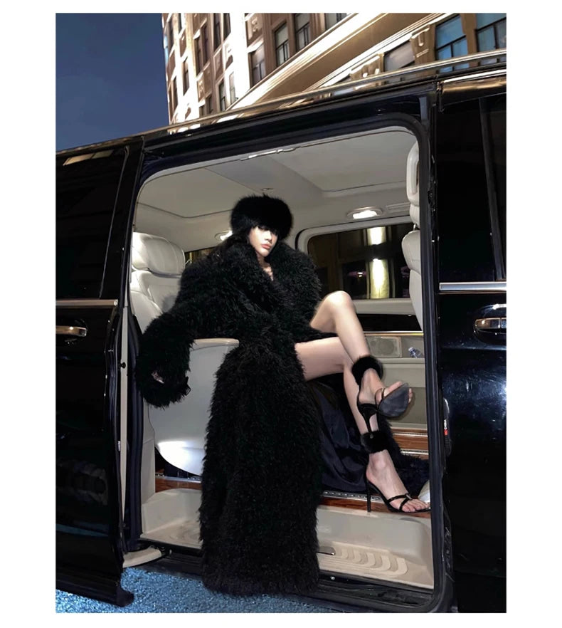Lautaro Winter Extra Long Soft Thick Warm Fluffy Black Fuzzy Shaggy Hairy Faux Fur Coat Women Sashes Luxury Furry Overcoat 2023