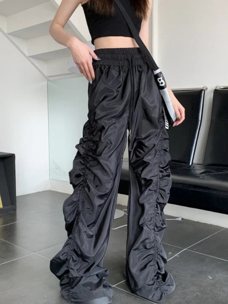 High Waisted Pants Women Black Joggers Casual Shirring Design Vintage European Style Personality Hip-hop Cool Girls Pantalones