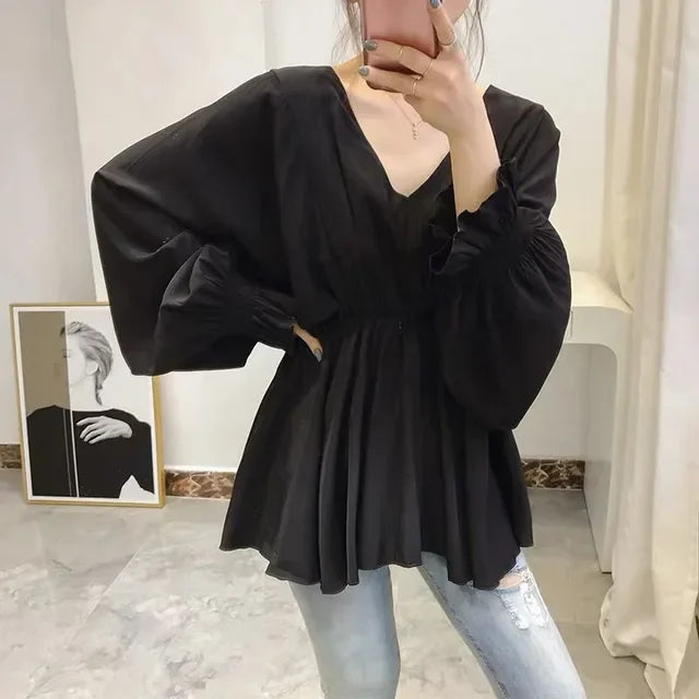 Blouse For Women Oversized Tops Long Sleeve V-neck Chiffon Slim Waist Shirts 2025 Blusas Mujer De Moda Folds Chic Summer Blouses