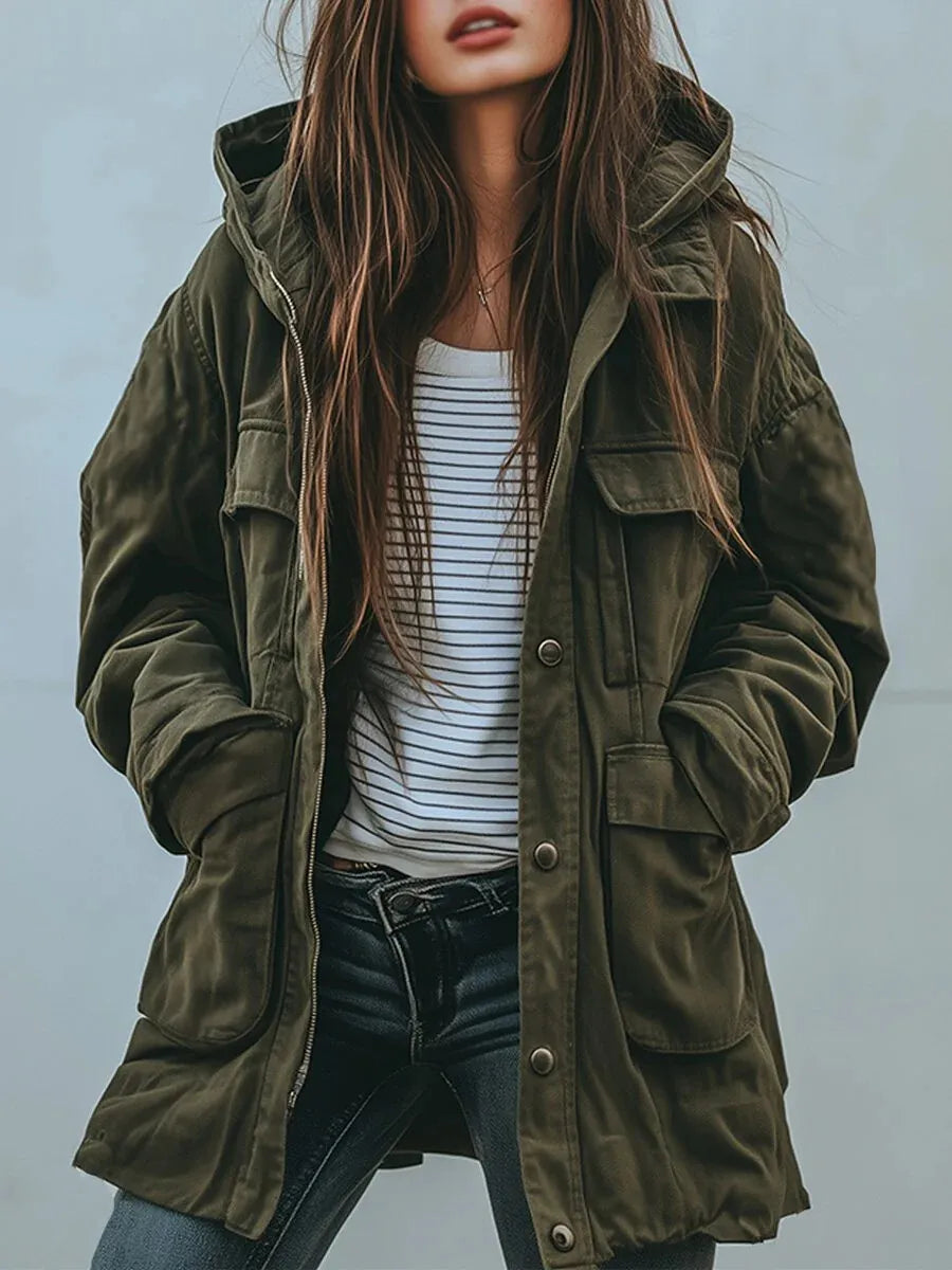 Army Green Women Hooded Jacket American Retro Single Breasted Pockets Trench Coat Autumn Winter High Street Outerwear Coat