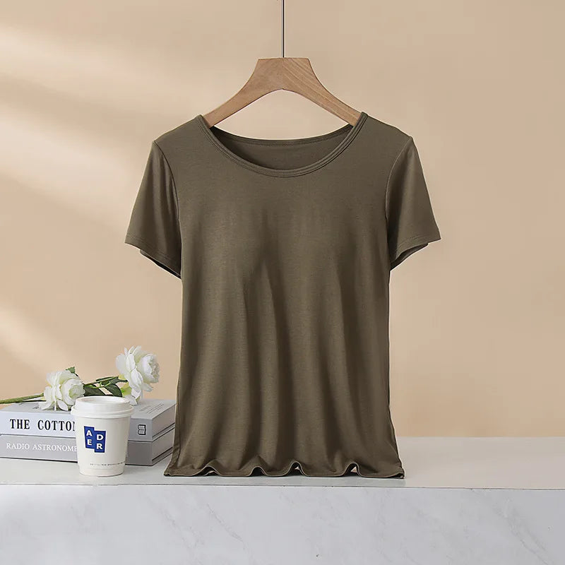 Women's T-Shirt with Chest Pad Tops  One-Piece Bra Cup Slim T Shirt Female Summer Top Bottoming Shirts Home Wear Women Pajamas