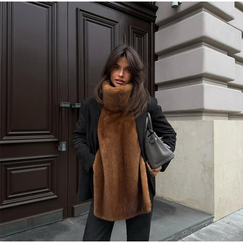 Vintage Brown Women's Faux Fur Vest Solid High Collar Sleeveless Thicken Female Waistcoat 2025 Autumn Winter New Lady Streetwear