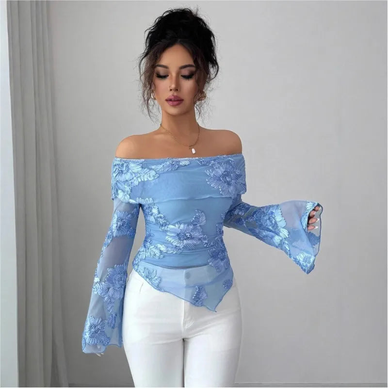 Versatile And Stylish Top For Women T Shirt One-shoulder Collar Flared Sleeves And Asymmetrical Hem Embroidery