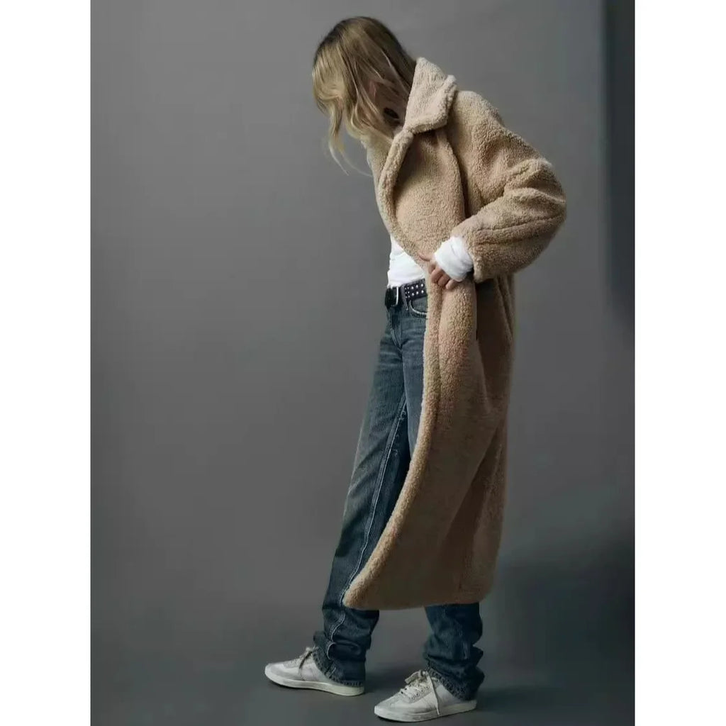 Over-Knee Fleece-Lined Casual Lapel Coat Double-Button Decoration Loose Women's Outerwear Versatile Beige New Year's Quality Sty