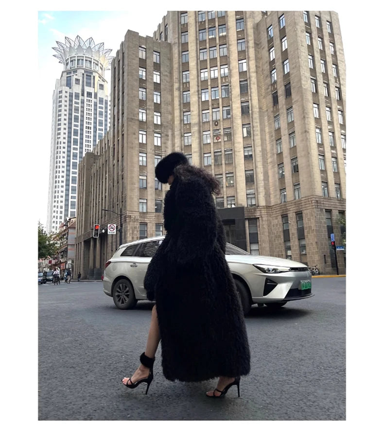 Lautaro Winter Extra Long Soft Thick Warm Fluffy Black Fuzzy Shaggy Hairy Faux Fur Coat Women Sashes Luxury Furry Overcoat 2023