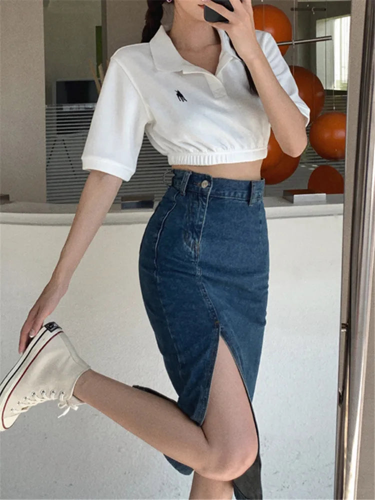 REALEFT Women's Midi Denim Skirt Spring Side Split High Wasit Jeans Skirts Straight Female A-line Pencil Skirt 2023 New Summer