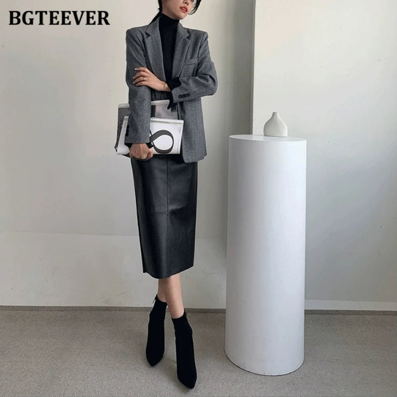 BGTEEVER Stylish Package Hip PU Leather Skirts for Women Autumn Elegant High Waist Slim Split Ladies Pencil Skirts