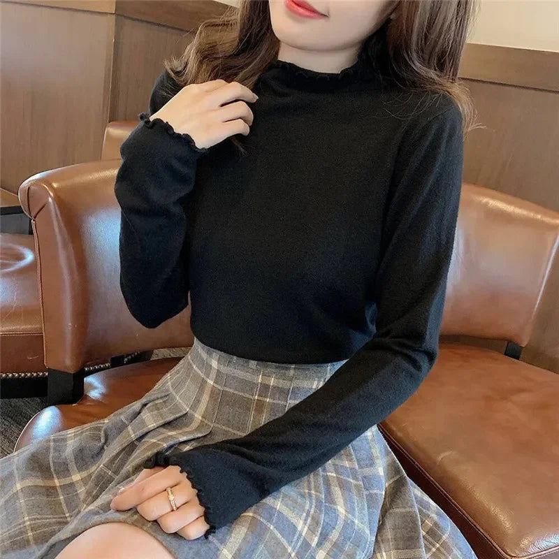 2025 Autumn and Winter Women Blouse Long Sleeve Solid Slim Turtleneck Fleece Versatile Tops Tees Female