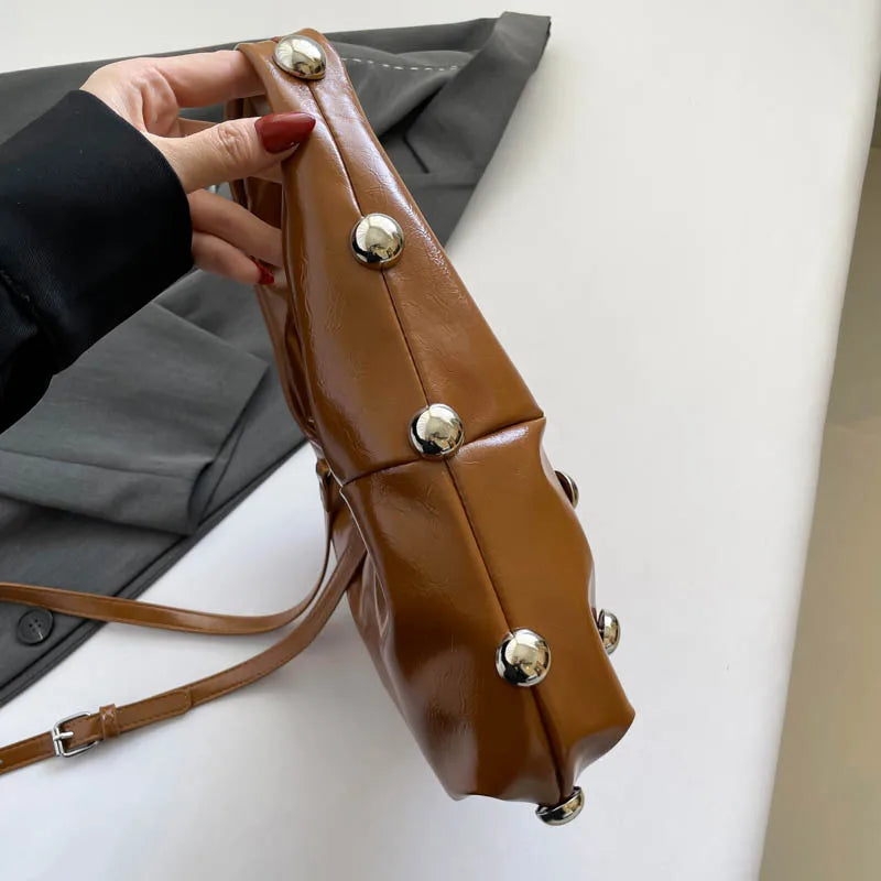 Black Half Moon Underarm Bag For Women Luxury Studded Beading Handbags Red Purse Solid Color Pu Leather Shoulder Crossbody Bags