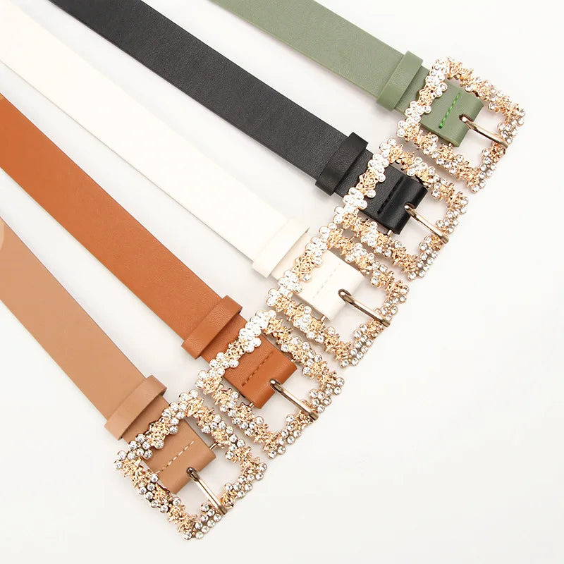 Fashionable Belts for Woman Shiny Rhinestone Beautiful Square Wreath Metal Buckle Solid Color PU Belts
