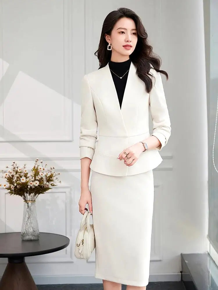 2025 New All Season Skirt Suits Women New Fashion Temperament V Neck Professional Blazer And High Waist Skirt Two Piece Set
