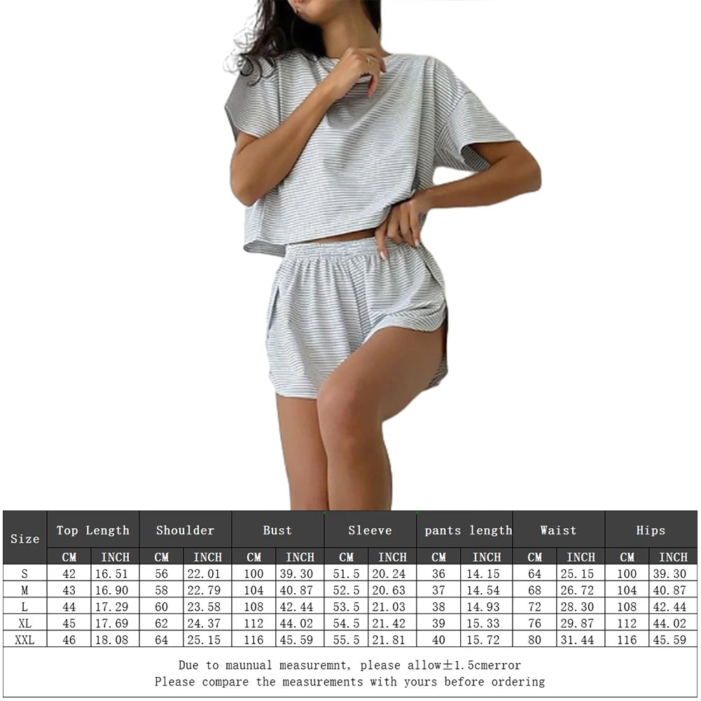 2 Pieces Pajamas Set Women Striped Pajamas Set Short Sleeve Tops and Shorts Soft Sleepwear Nightwear PJs Set