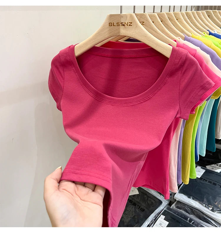 2025 Sexy Square Collar Slim T Shirt Women Cotton Elastic Basic Solid Female Casual Tops Short Sleeve Thin T-shirts See Through