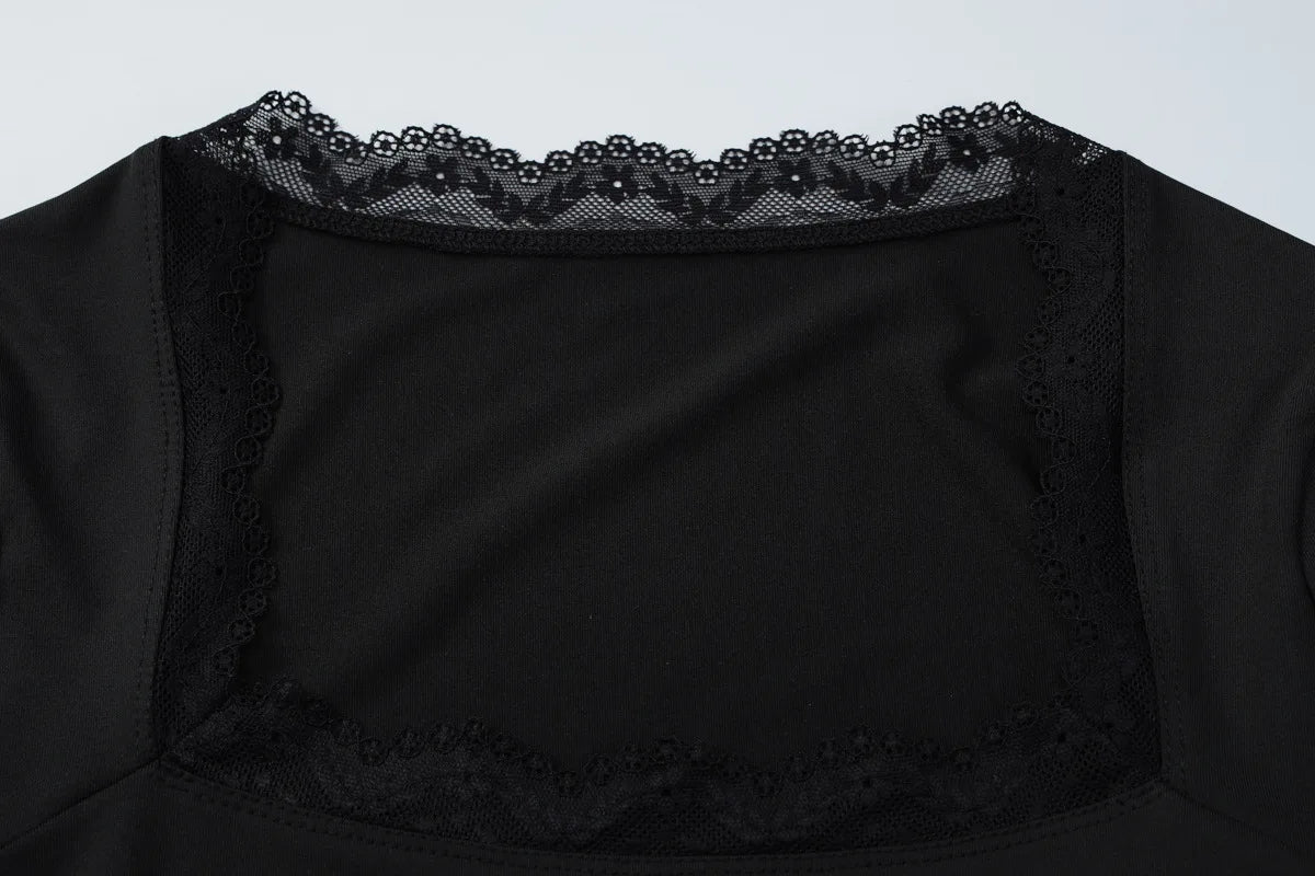 FDYOUI Lace Patchwork Long Sleeve T-shirts Streetwear Y2K Woman Clothes Casual Fashion Square Collar Slim Pink Tee Shirt Tops