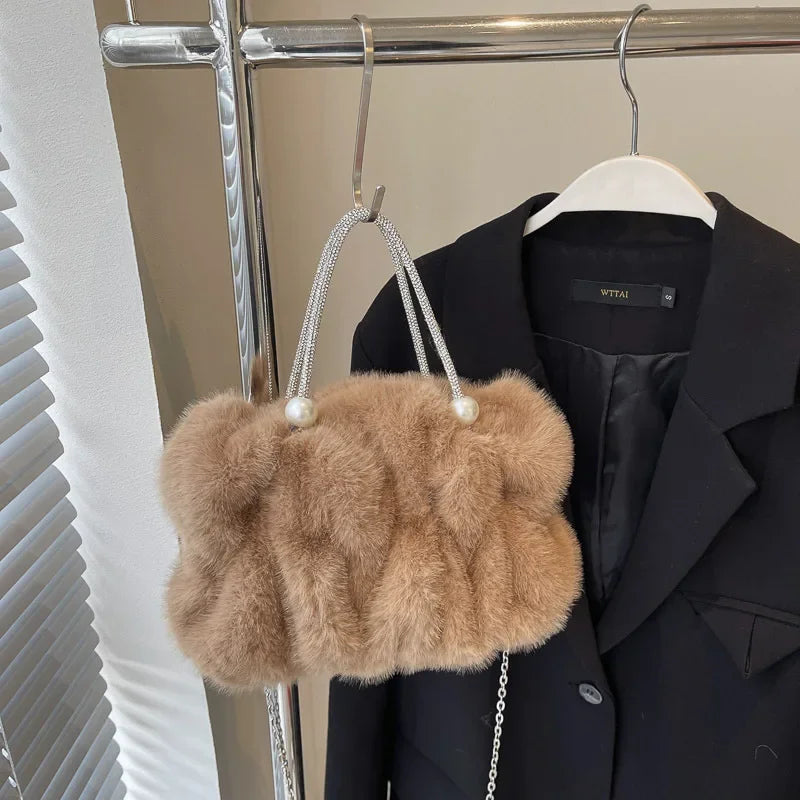 Soft Plush Evening Bags For Elegant Women Fur Dinner Party Clutch Chain Crossbody Winter Warm Luxury Designer Handbags