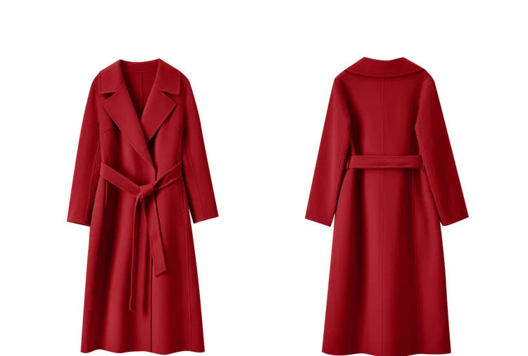 SENTUBILA Women 100% Wool Long Wrap Coat 2025 Elegant Notched Collar Belted Warm Double Faced Woolen Winter Overcoat W24O43352