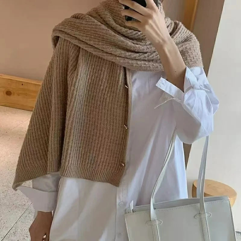 Warm Knitted Plain Color Scarf Thick Single Breasted Wool Shawl Wrap Women Cape Open Side Woven Cardigan Poncho Stole