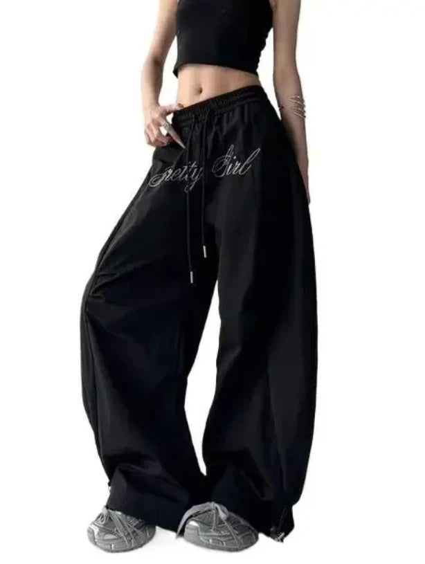 Women Loose Dancing Long PantsGrey Letter Embroidery Jazz Dance Pants Wide Leg Workwear Trousers for