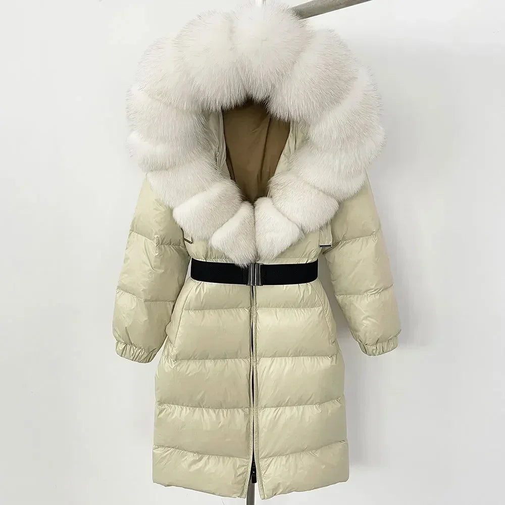 90% White Duck Down Coat New Natural Thick Warm Long Winter Jacket Women Real Big Fox Fur Collar Belt Loose Puffer Parka