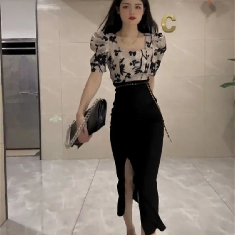 Skirt Suits Women's Two Piece Set Short Sleeve Long Maxi Sexy Female Outfits Slit Party Jacket Vacation 2025 Top and Bottom Full