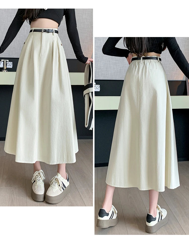 Seoulish Denim Skirts for Women 2024 Spring Summer New High Waist A-line Large Hem Office Lady Umbrella Skirt Pleated Long Skirt