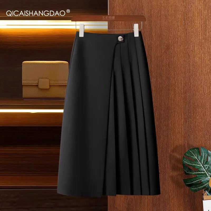 Business Style Mid-length Women' Pleated Skirt High Waist A-line Asymmetrical Office Ladies Work Casual Skirts