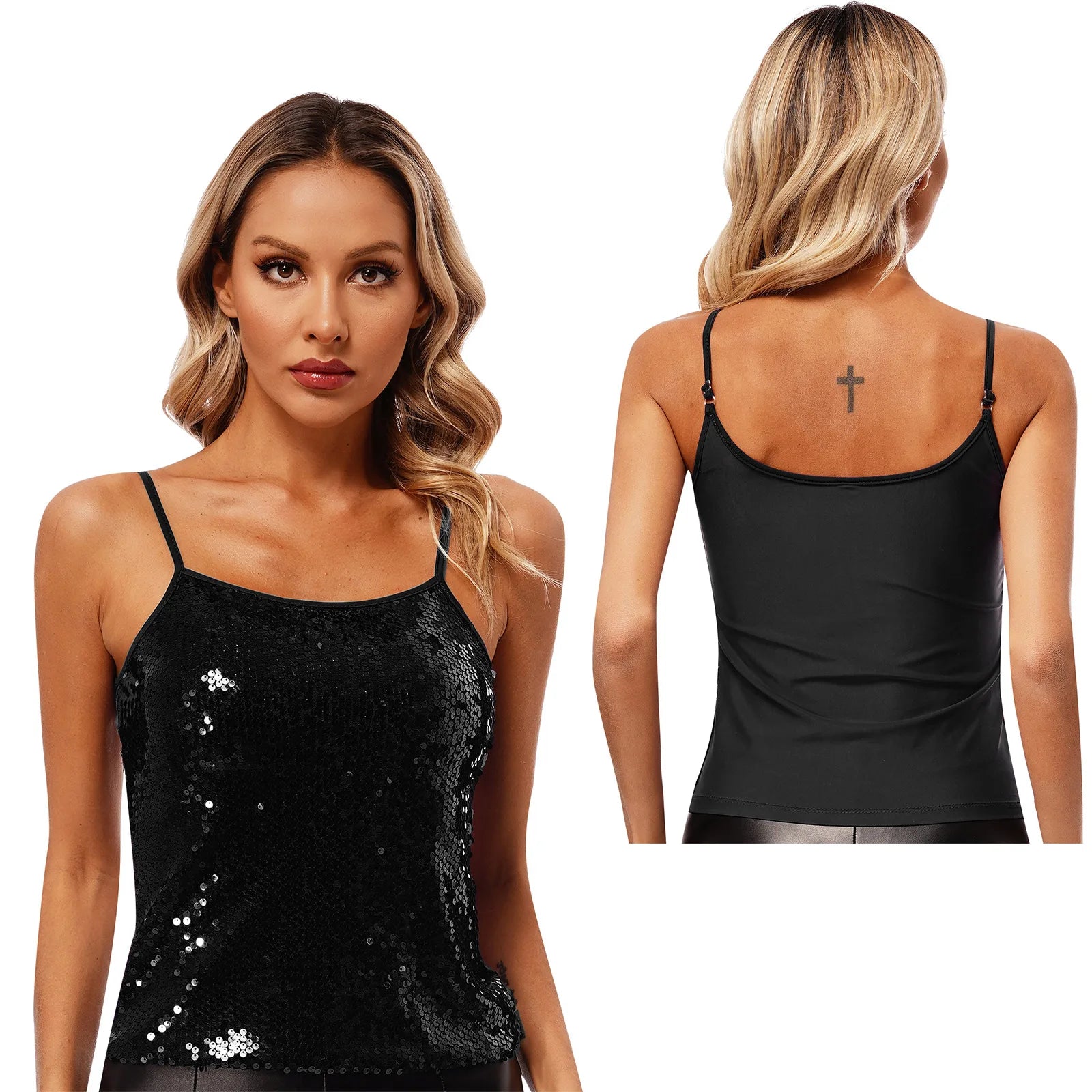Womens Adjustable Spaghetti Straps Sparkly Sequin Tops Slim Fit Patchwork Tank Top for Pole Dancing Disco Night Out Costume
