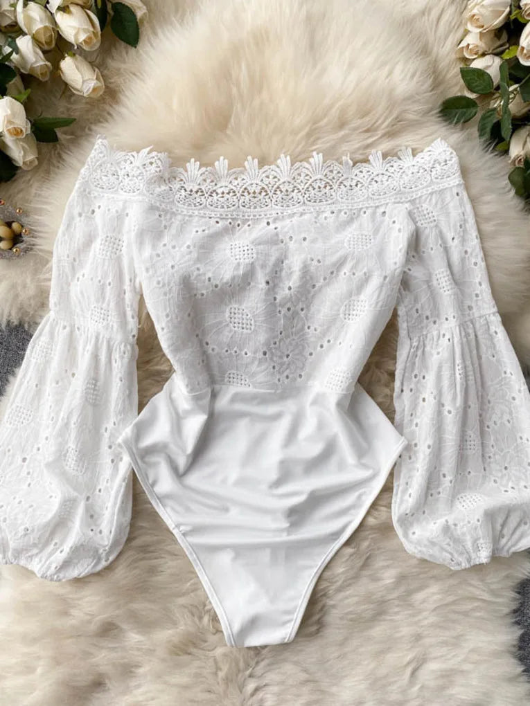 Women's Bodysuits 2025 Summer Autumn Ins Hollow Lace Spliced Lace-up V-neck Off Shoulder Lantern Sleeve Sexy Club Body Suits