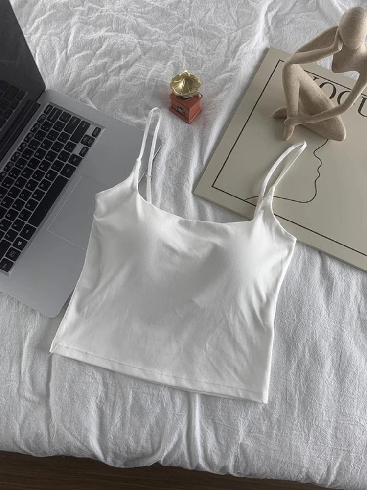 2025 Women With Built In Bra Spaghetti Strap Tanks Summer Camis Tank Casual Tops For Woman Solid Color Female Korean Style