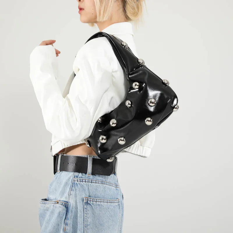 Black Half Moon Underarm Bag For Women Luxury Studded Beading Handbags Red Purse Solid Color Pu Leather Shoulder Crossbody Bags