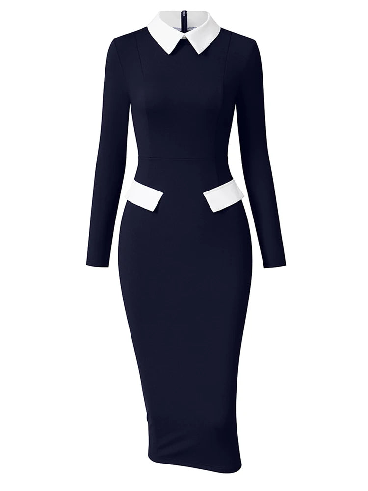 Elegant Fashion Women's Pencil Dress Polo Collar Design Professional Long Sleeved Solid Color Office Lady Dress
