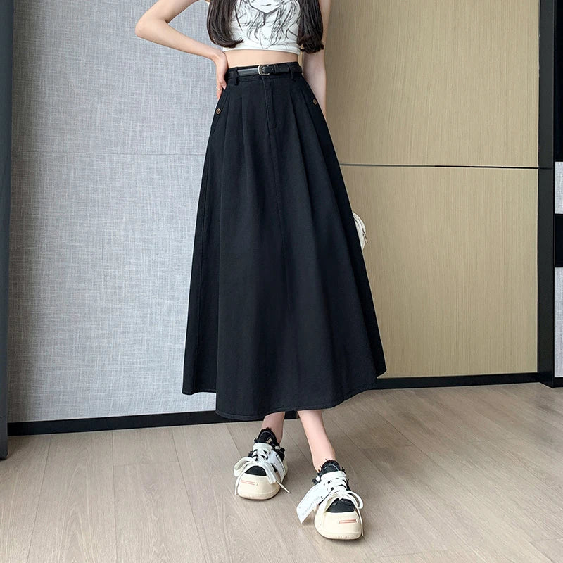 Seoulish Denim Skirts for Women 2024 Spring Summer New High Waist A-line Large Hem Office Lady Umbrella Skirt Pleated Long Skirt