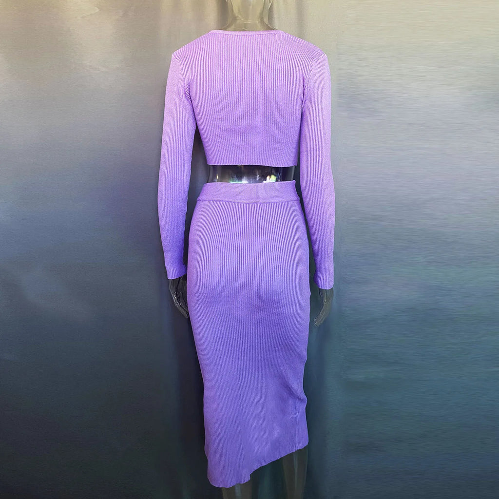 Talenza Knitted Slim Fit Slit Skirt Set 2 Piece Women's Solid Color Pullover Top Long Skirt Set Long Sleeve Women's Suit Skirt