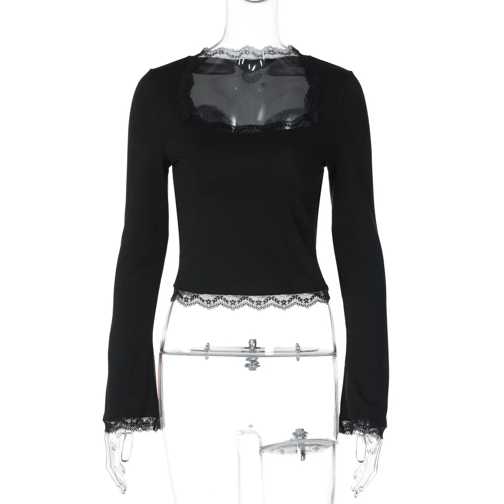 FDYOUI Lace Patchwork Long Sleeve T-shirts Streetwear Y2K Woman Clothes Casual Fashion Square Collar Slim Pink Tee Shirt Tops