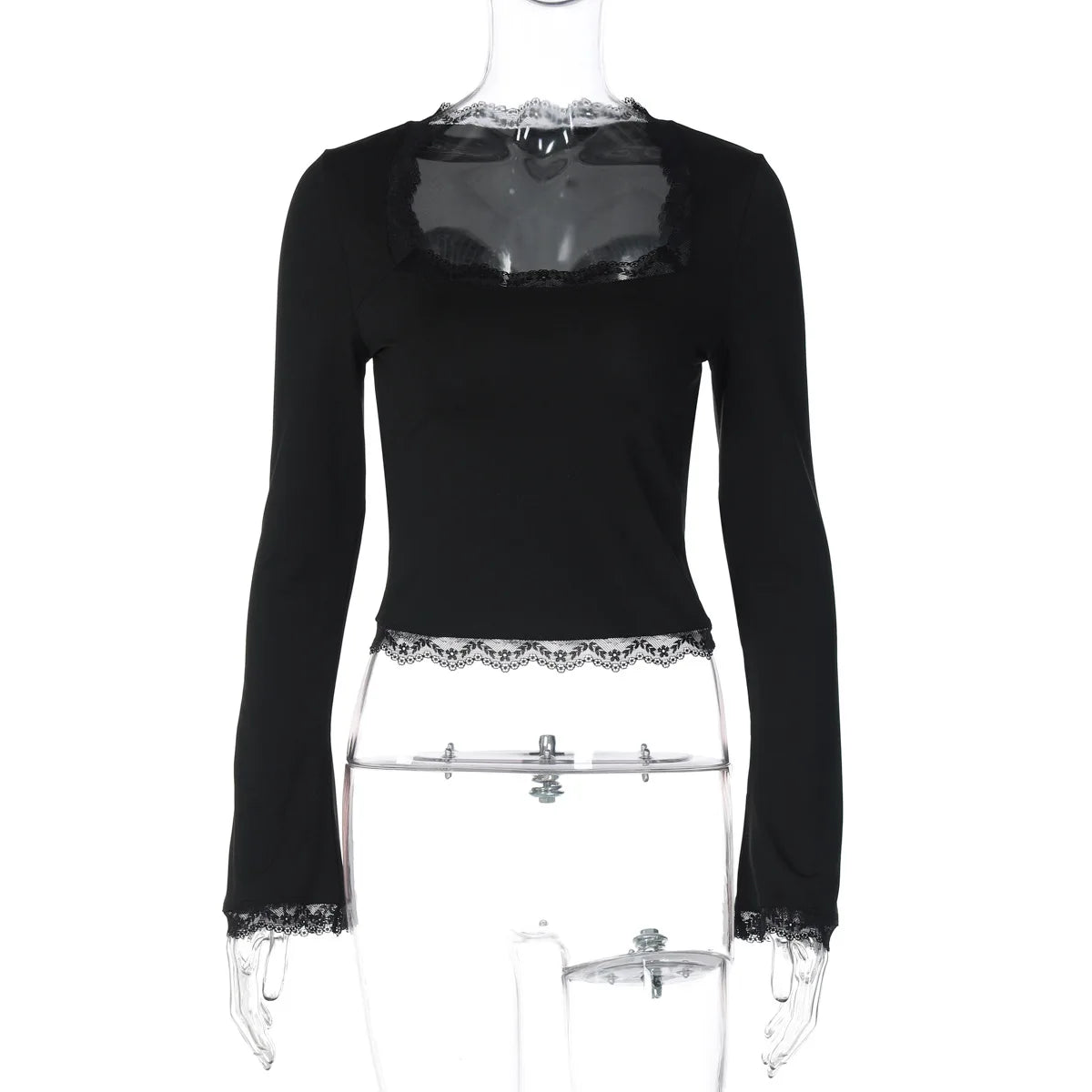 FDYOUI Lace Patchwork Long Sleeve T-shirts Streetwear Y2K Woman Clothes Casual Fashion Square Collar Slim Pink Tee Shirt Tops