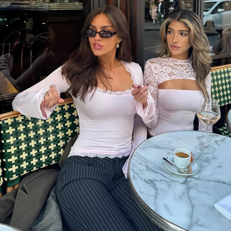 FDYOUI Lace Patchwork Long Sleeve T-shirts Streetwear Y2K Woman Clothes Casual Fashion Square Collar Slim Pink Tee Shirt Tops