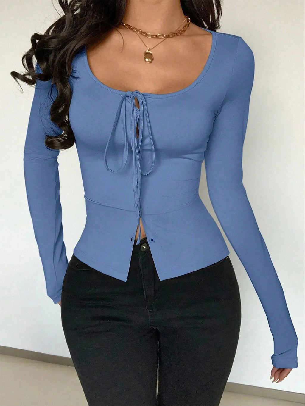 2025 New Women's Long-sleeved T-shirt White Slim Button Pink Cardigan Top Short Fashion Hot Girl Lace-up Tees for Female