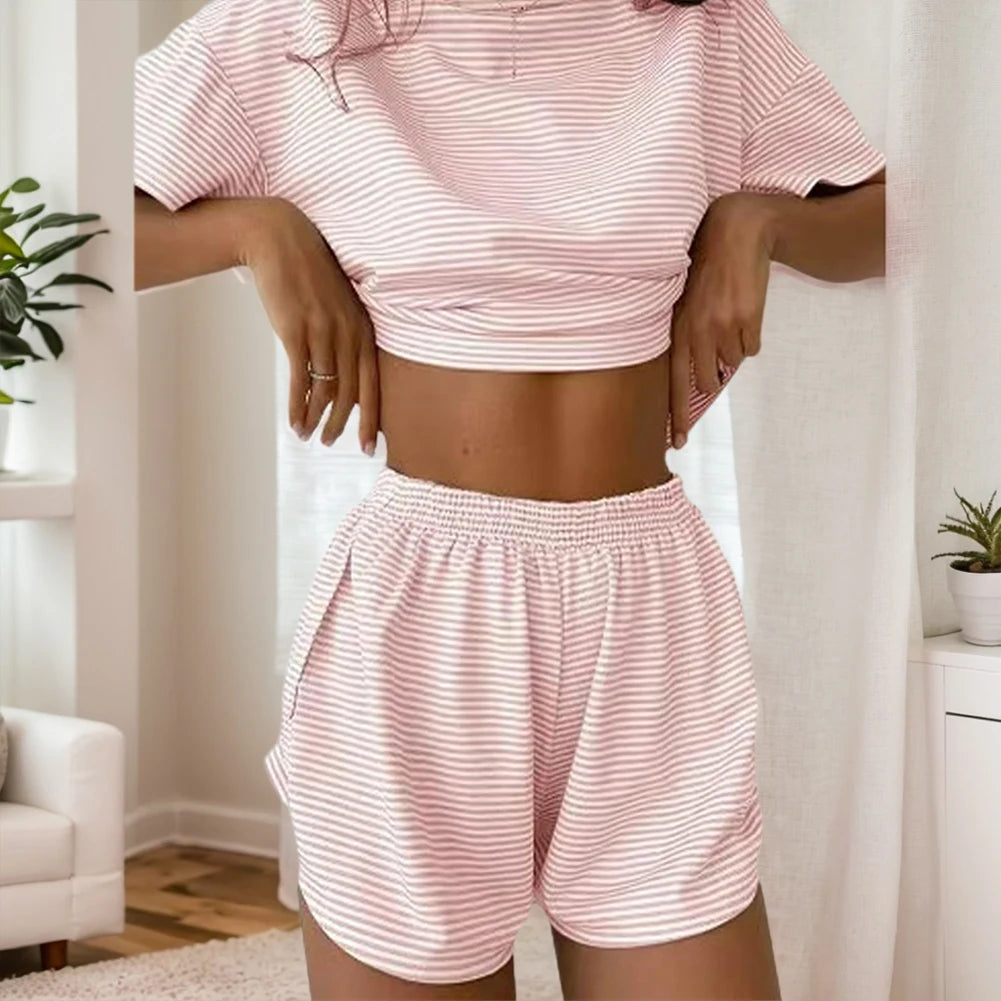 2 Pieces Pajamas Set Women Striped Pajamas Set Short Sleeve Tops and Shorts Soft Sleepwear Nightwear PJs Set