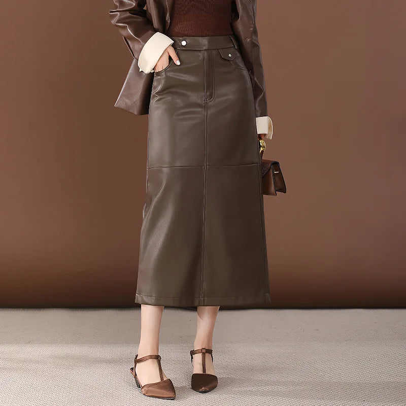 PU Leather Skirt Women's Autumn 2025 New High Waist Hip Skirt Medium and Long Straight Split One-step Skirt