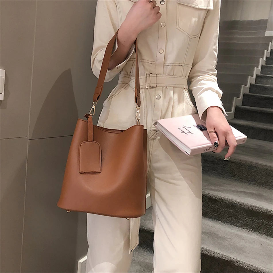 2piece/set Fashion Design Pu Leather Shoulder Crossbody Bag Casual Lady Tote Female Large Capacity Bucket purses and handbags