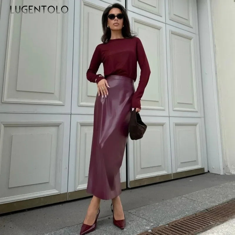Women PU Skirt 2024 New Fashion High Waist Faux Leather Bottoms Sexy Mid-length Package Hip Slit Hem Elegant Office Party Wear