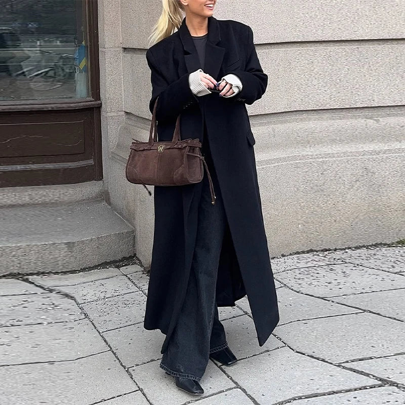 Elegant Women's Woolen Overcoat Lapel Long Sleeve Single Breasted Pocket Warm Long Coat 2025 Autumn Winter Fashion Lady Outwear