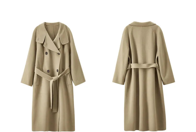 SENTUBILA Women's Long Woolen Overcoats 2025 Winter Outerwear Elegant Turtleneck Warm Double Breasted Belt Wrap Coat W24O42064