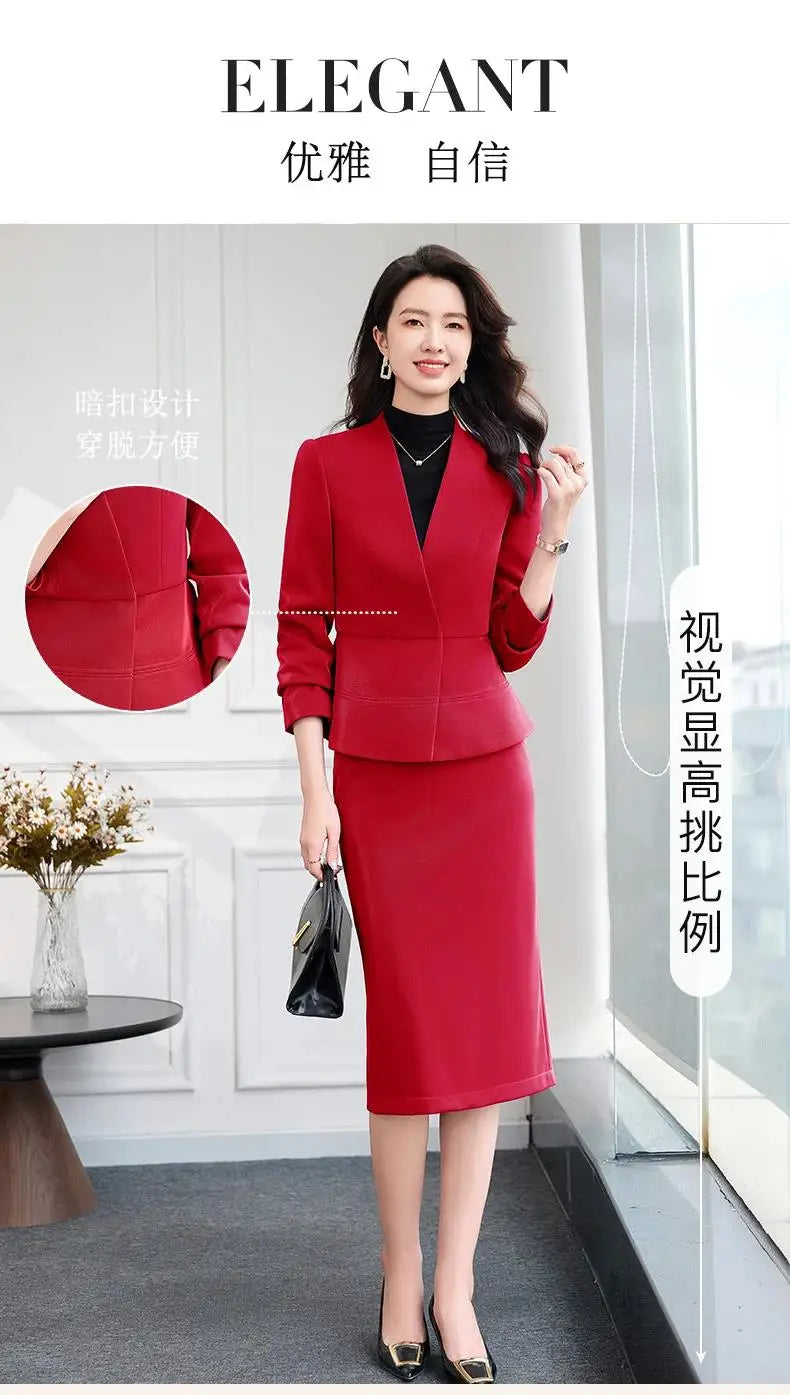 2025 New All Season Skirt Suits Women New Fashion Temperament V Neck Professional Blazer And High Waist Skirt Two Piece Set