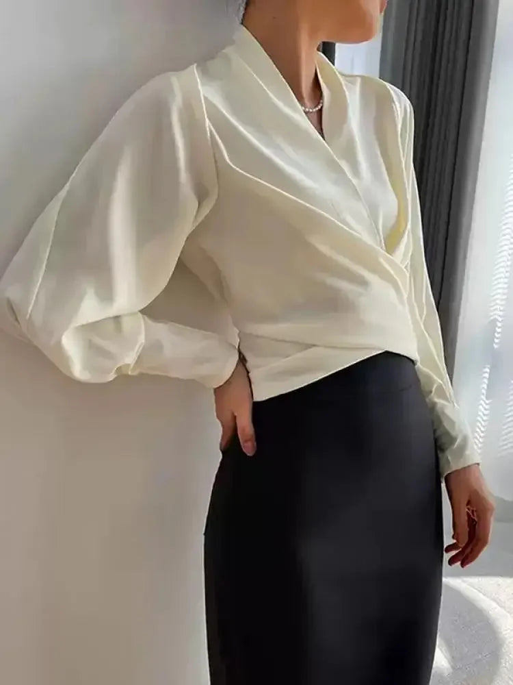 Women's Long Sleeves Solid Color Zipper V-neck Blouses Tops Urban Fashion Pleated Casual Office T-shirts