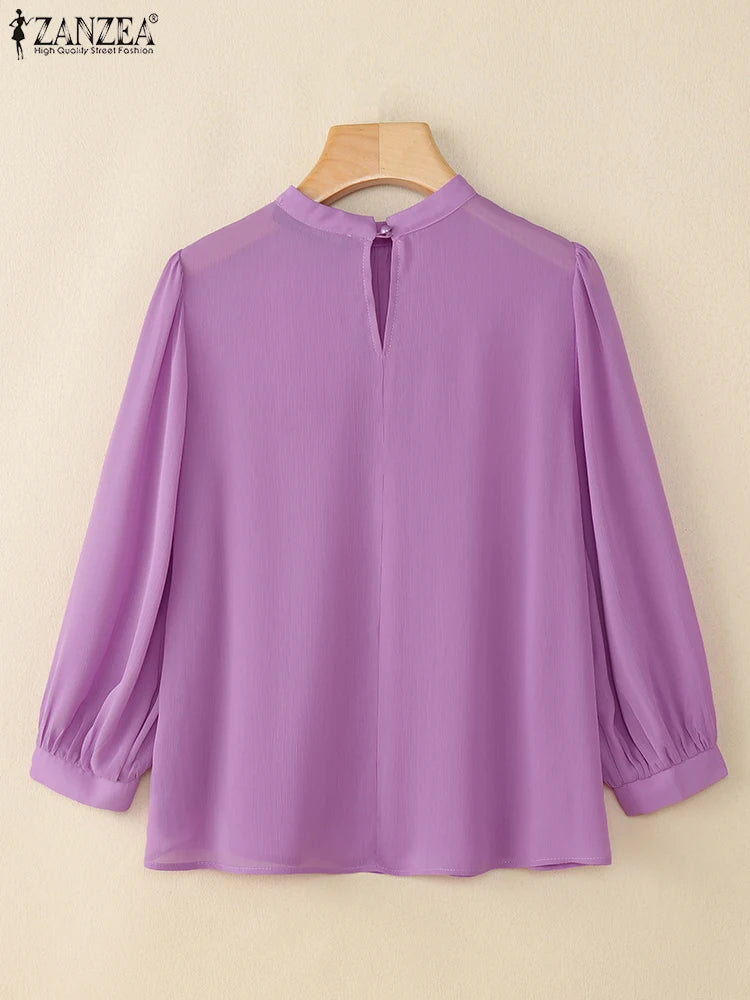 Elegant Women Work OL Blouses 2025 ZANZEA Summer Autumn Shirts Stand Neck 3/4 Sleeve Solid Blusas Female Tunic Chemise Oversize
