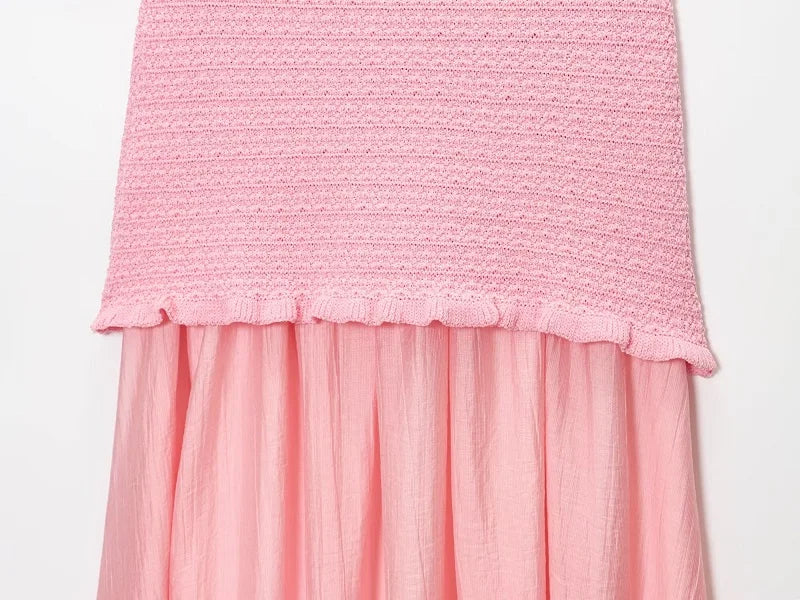 MUJER Pink Knit Skirt Set 2 Piece Woman Pleated Long Skirts for Women off Shoulder Ruffle Top Women's Skirts Set Summer Outfit