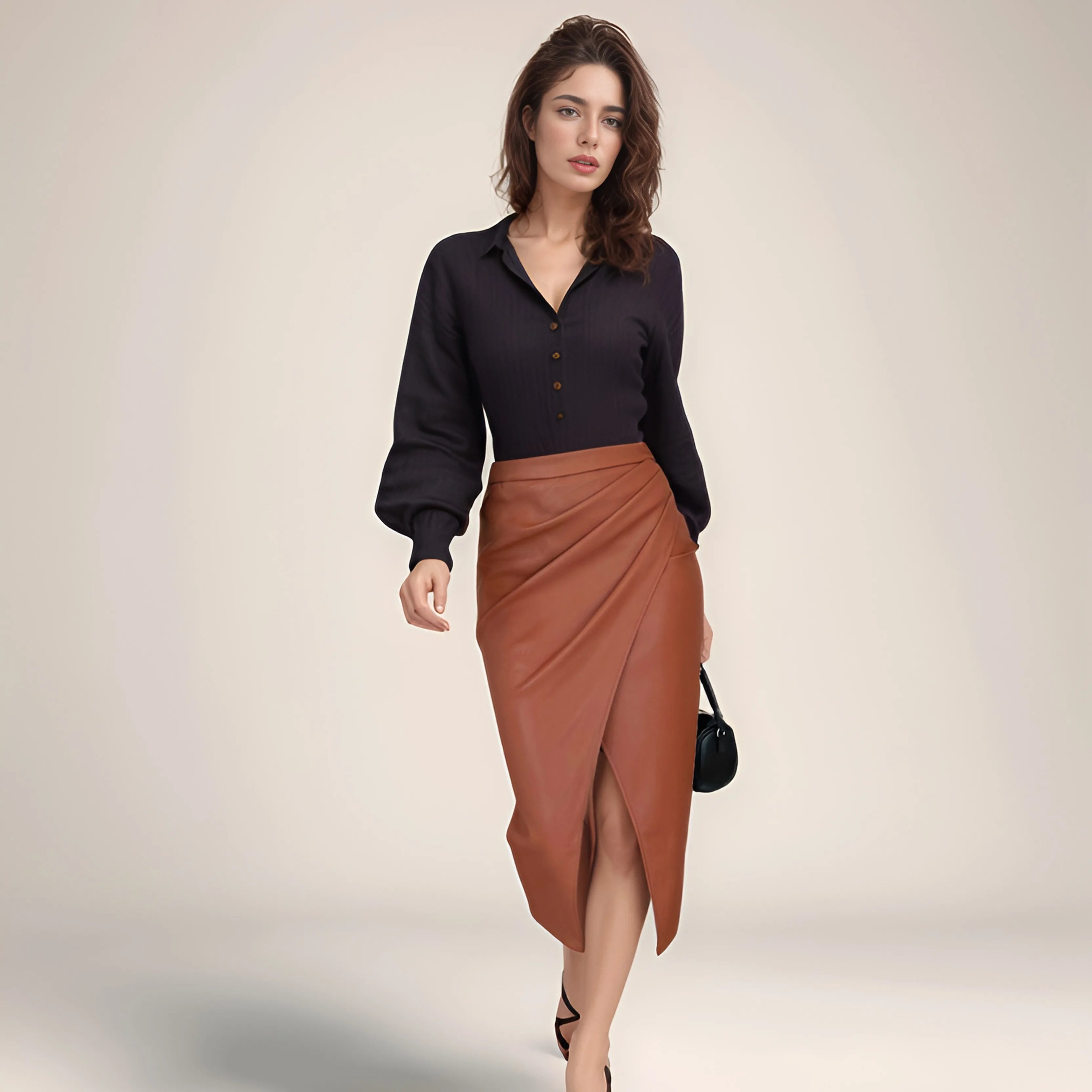 2025 Spring/Summer Women's PU Split Skirt High Waist Zipper Fold Leather Skirt European and American Sexy Hip Bag Skirt