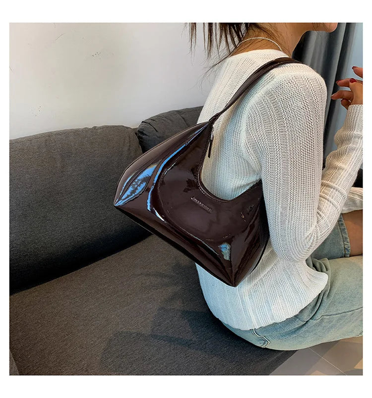 Trendy Designer Solid Shoulder Bags for Women Handbags and Purses 2024 New Fashion Patent Leather Underarm Ladies Tote Bags
