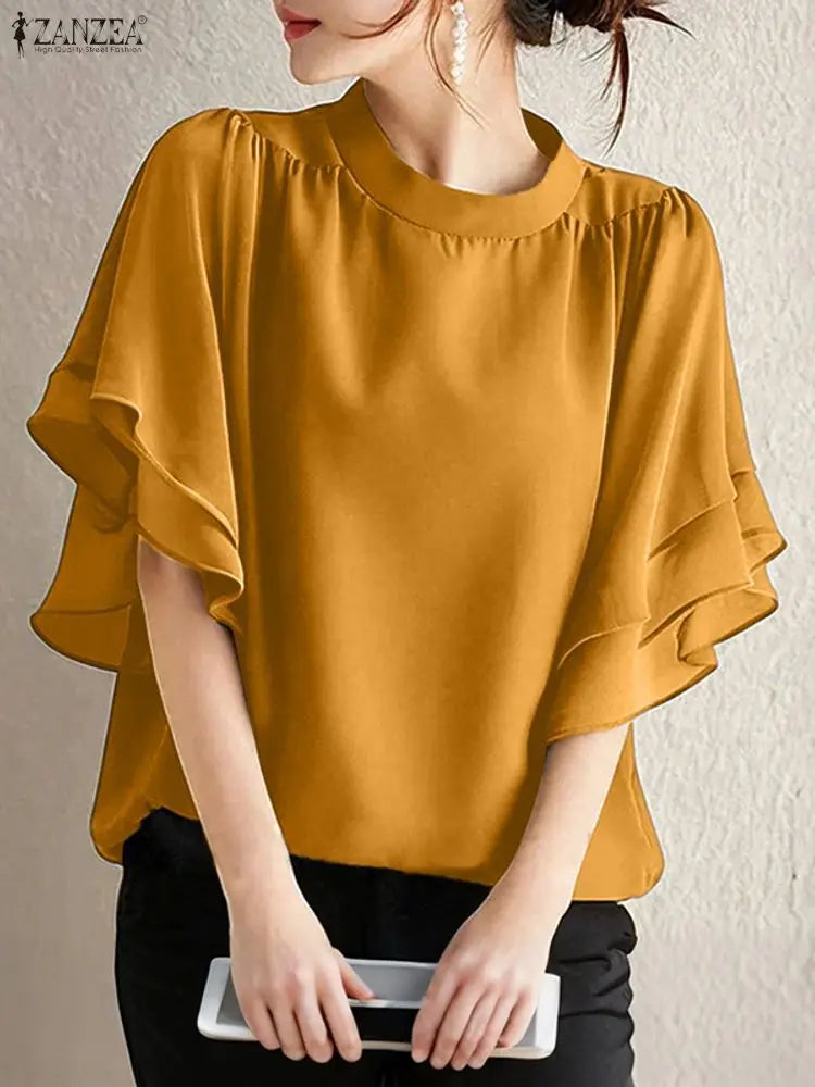Women Blouse ZANZEA Elegant Office Lady Ruffled Shirts Half Sleeve Solid Casual Fashion Tops 2025 Summer OL Blusas Femininas